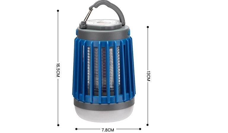 Lanterne anti-moustique Lumeoo bleue et grise avec éclairage LED, rechargeable solaire et USB pour le camping.