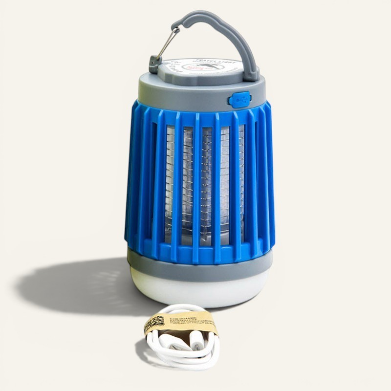 Lanterne anti-moustique Lumeoo bleue 2 en 1 avec éclairage LED et fonction UV pour le camping, câble USB inclus.