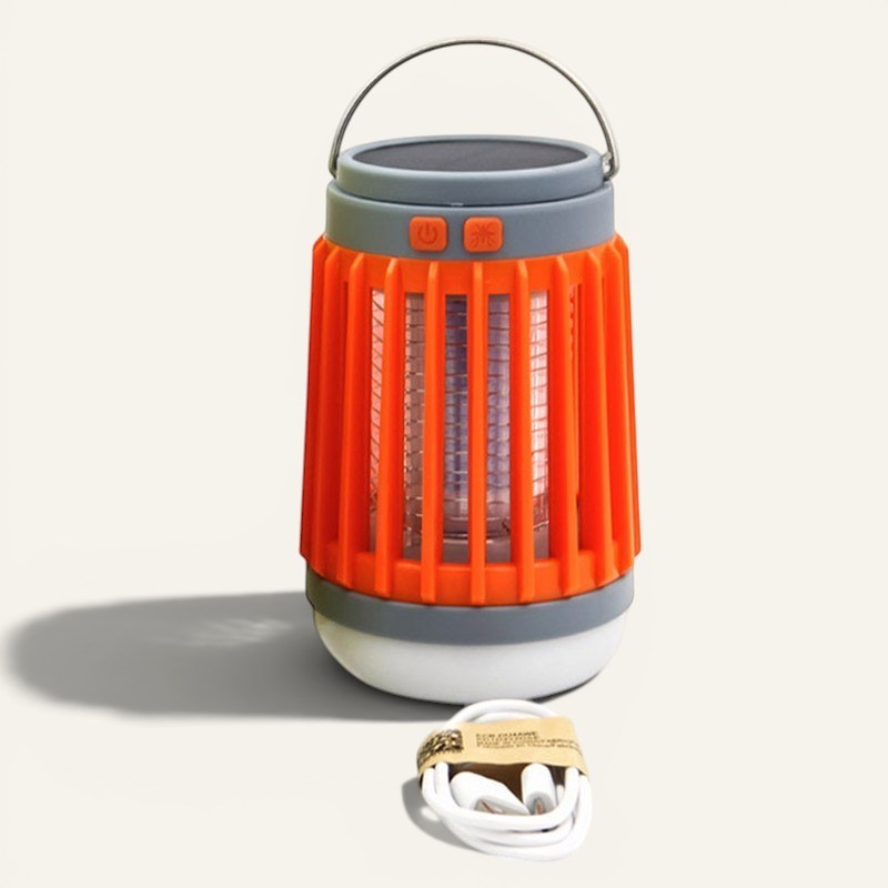 Lanterne anti-moustique Lumeoo orange 2 en 1 avec éclairage LED, recharge solaire et USB pour le camping.