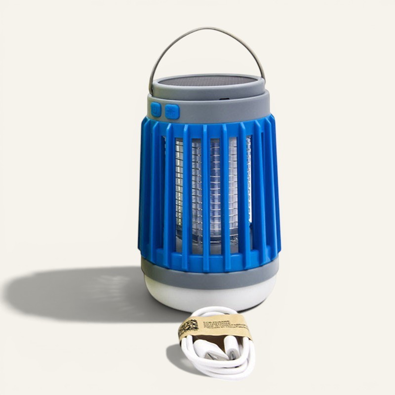 Lanterne anti-moustique Lumeoo bleue 2 en 1 avec éclairage LED, recharge solaire et USB pour le camping.