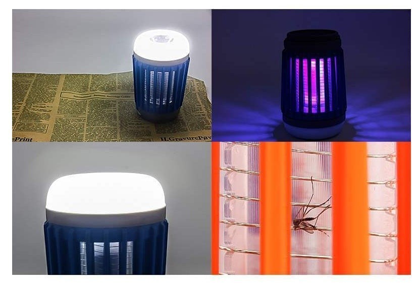 Lanterne anti-moustique Lumeoo 2 en 1 avec éclairage LED blanc et lumière UV, rechargeable solaire et USB pour camping.