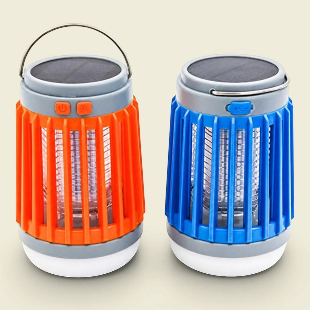Lanterne anti-moustique Lumeoo 2 en 1, solaire et USB, orange et bleue, avec éclairage LED et protection UV.
