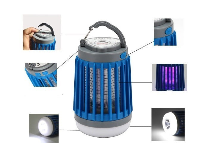 Lanterne anti-moustique Lumeoo 2 en 1 bleue avec éclairage LED, fonction UV solaire et rechargeable par USB.