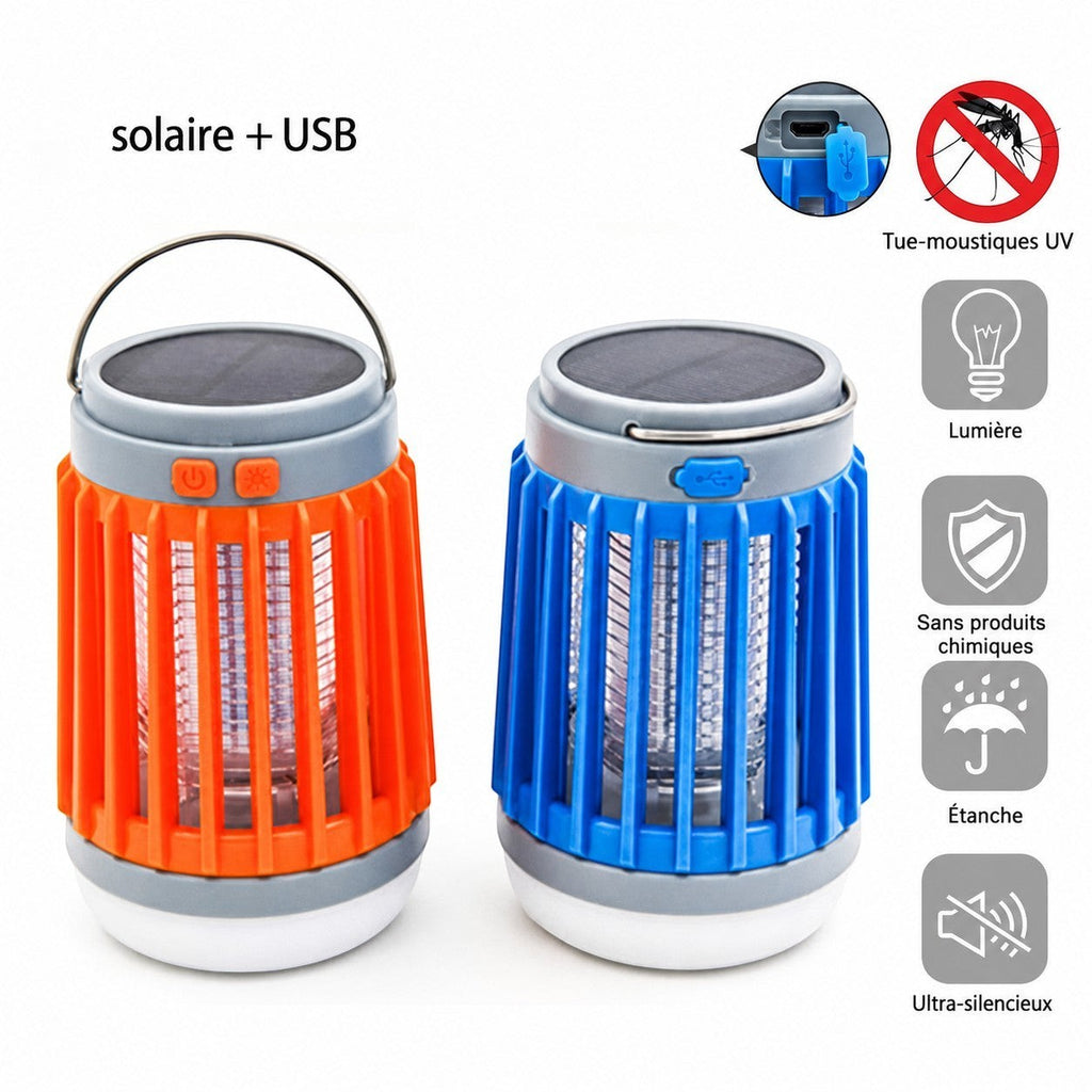 Lanterne anti-moustique Lumeoo 2 en 1, rechargeable solaire et USB, avec éclairage LED et protection UV sans produits.