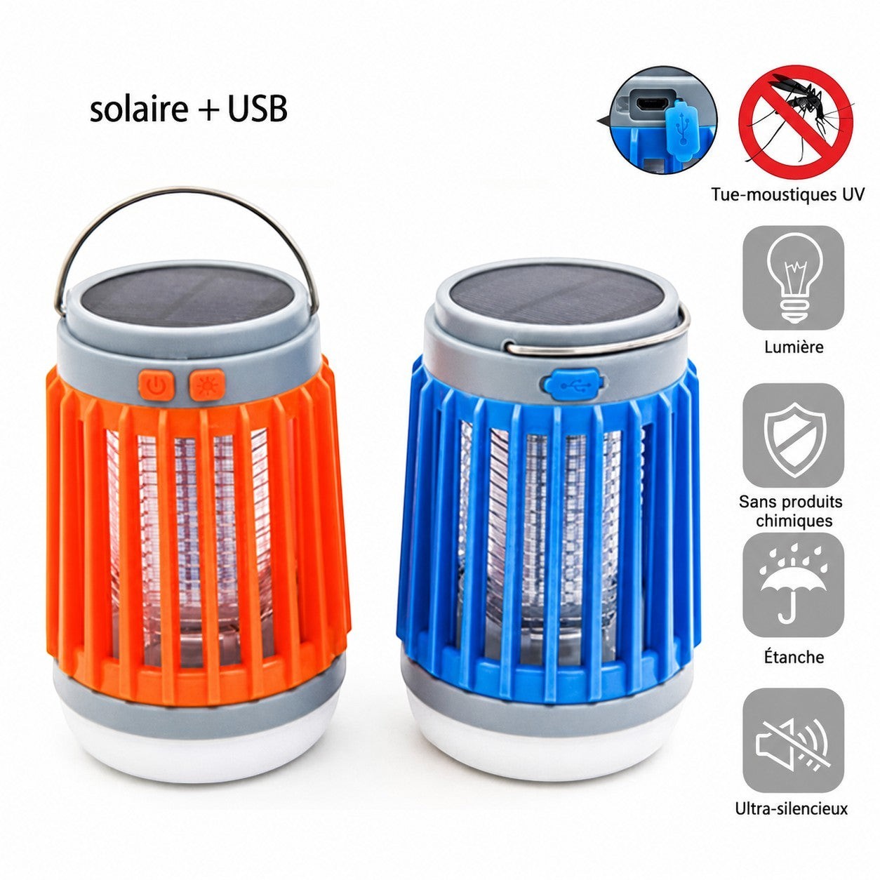 Lanterne anti-moustique Lumeoo 2 en 1, rechargeable solaire et USB, avec éclairage LED et protection UV sans produits. Image
