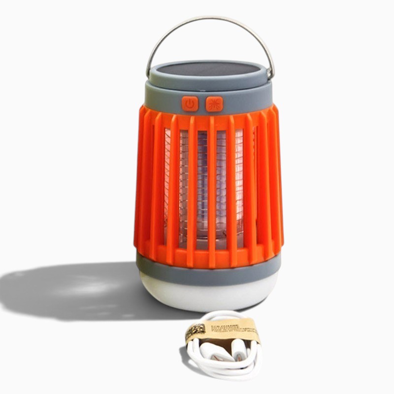 Lanterne anti-moustique Lumeoo 2 en 1 orange et grise avec éclairage LED, fonction UV solaire et câble USB inclus