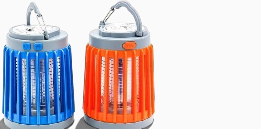 Lanterne anti-moustique Lumeoo 2 en 1 LED UV rechargeable solaire et USB, coloris bleu et orange pour le camping