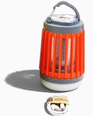 Lanterne anti-moustique Lumeoo 2 en 1 orange et grise avec éclairage LED et UV, rechargeable par USB pour le camping