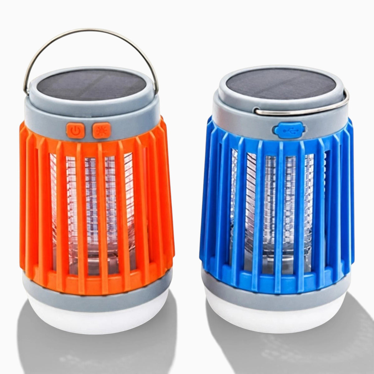 Lanterne anti-moustique Lumeoo 2 en 1 avec éclairage LED et UV, rechargeable solaire et USB, coloris orange et bleu