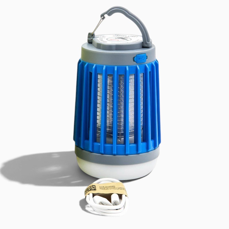 Lanterne anti-moustique Lumeoo 2 en 1 bleue et grise avec éclairage LED, fonction UV et câble de recharge USB inclus