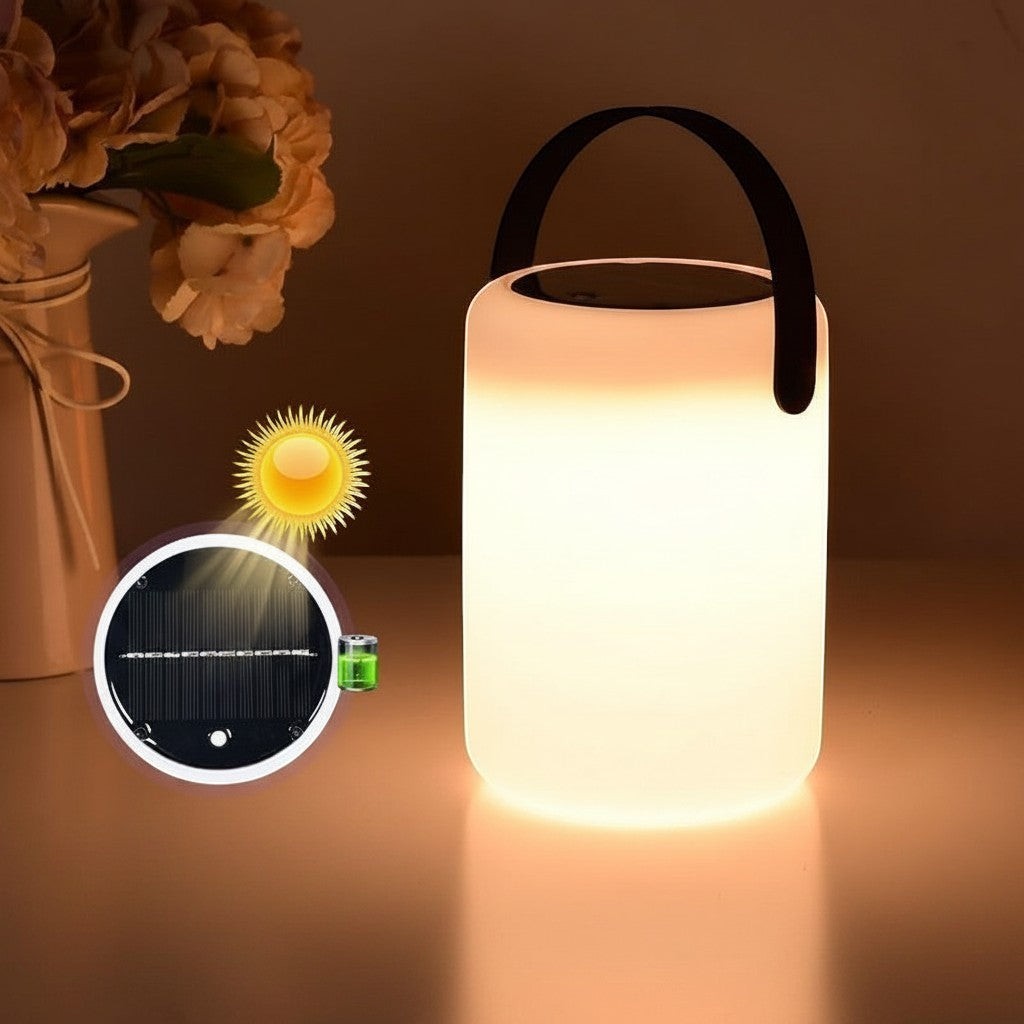 Lanterne camping LED Lumeoo rechargeable, 16 couleurs, portable avec anse noire, idéale pour extérieur et jardin.