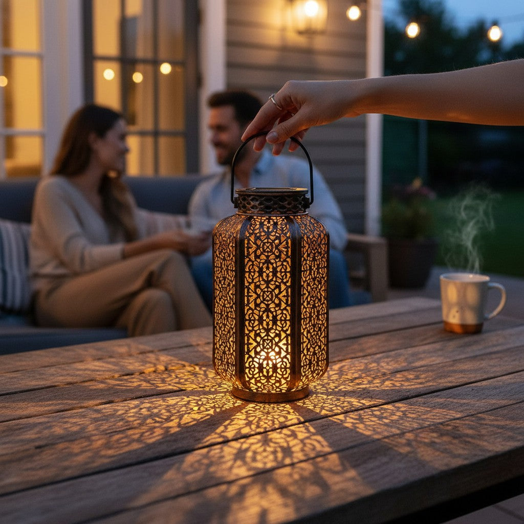 Lanterne solaire Lumeoo ajourée en métal bronze posée sur une table en bois, projetant des motifs lumineux au jardin.