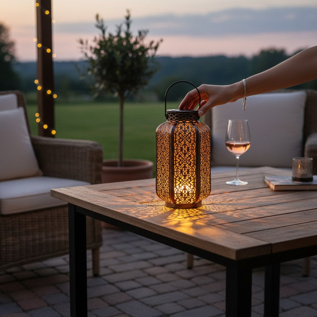 Lanterne solaire ajourée Lumeoo posée sur une table de jardin en bois, diffusant une lumière chaude et des motifs