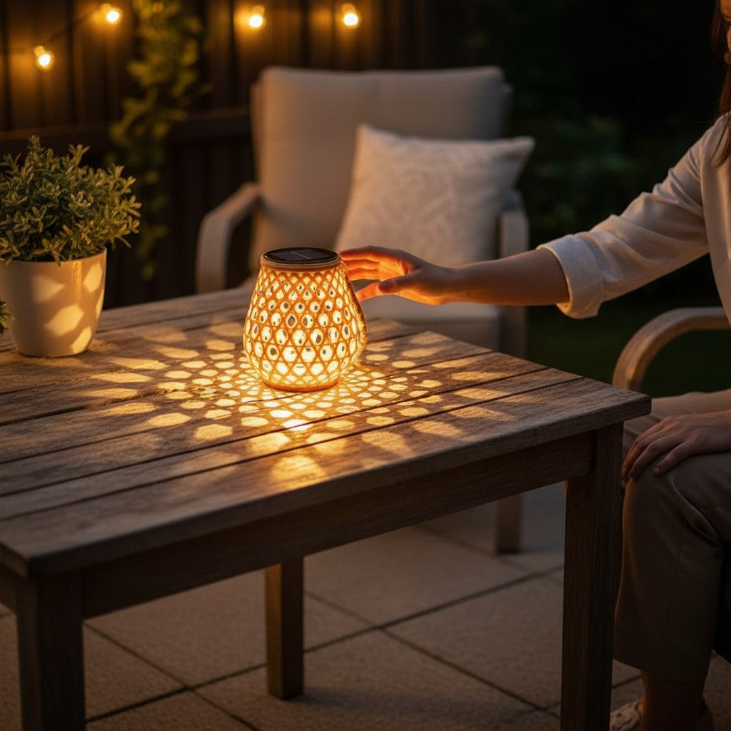 Lanterne solaire Lumeoo style rotin posée sur une table de jardin en bois diffusant une lumière chaude et décorative