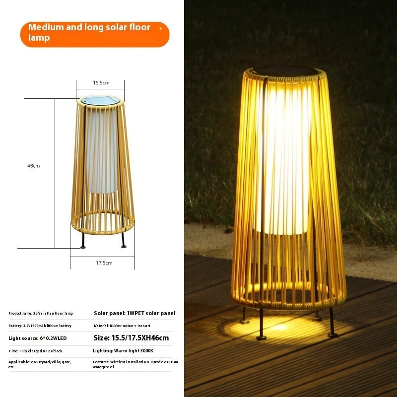 Lanterne solaire Lumeoo style rotin avec éclairage chaud pour jardin, design cylindrique sur pieds en fer