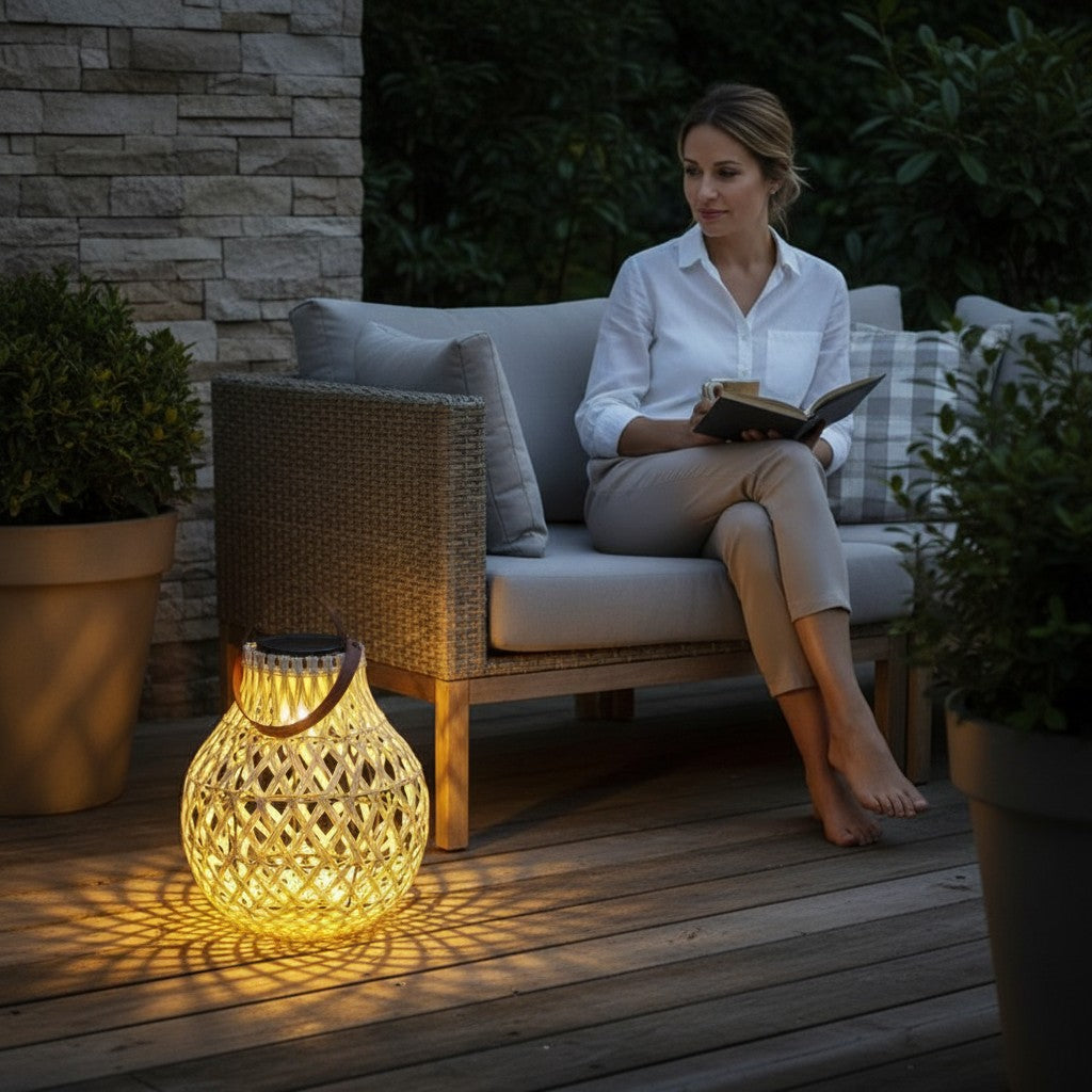 Lanterne solaire Lumeoo style rotin posée sur une terrasse en bois, diffusant une lumière chaude et décorative le soir. Image