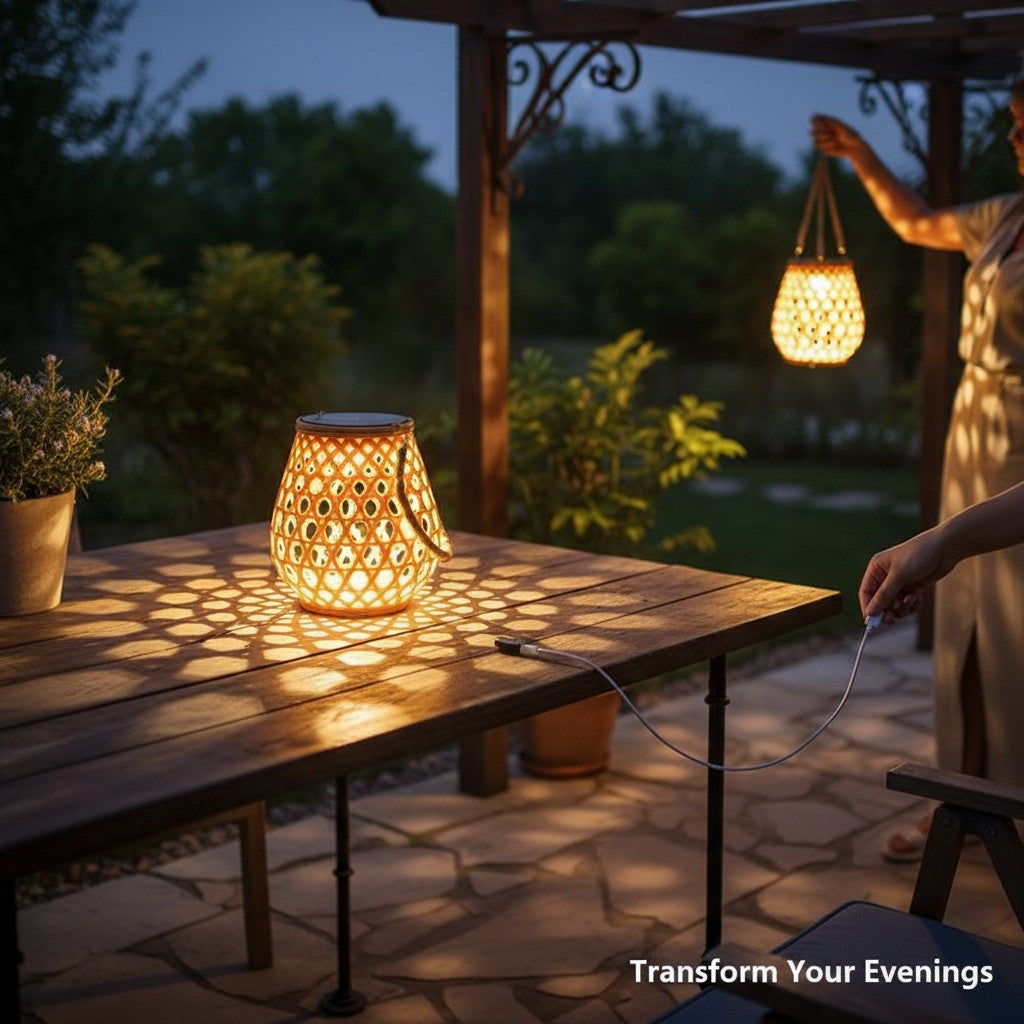 Lanterne solaire Lumeoo style rotin posée sur une table de jardin en bois, diffusant une lumière chaude et décorative