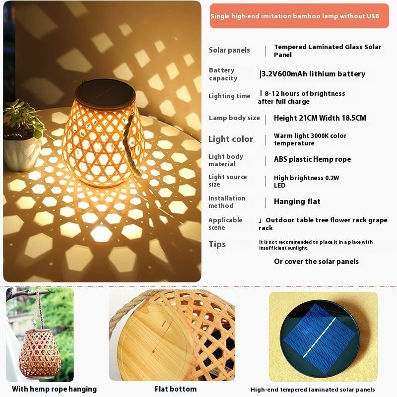 Lanterne solaire Lumeoo style rotin avec éclairage LED chaud projetant des motifs géométriques sur une table de jardin