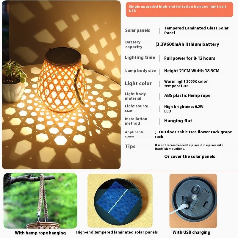 Lanterne solaire Lumeoo style rotin avec corde de suspension, projetant des motifs lumineux sur une table de jardin.