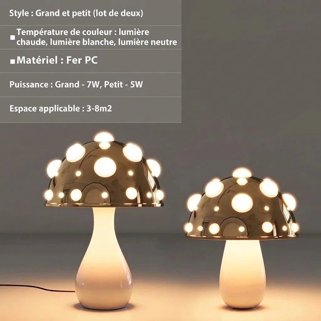 Lot de deux lampes champignon Lumeoo en fer et PC avec points lumineux, design décoratif dimmable pour chevet