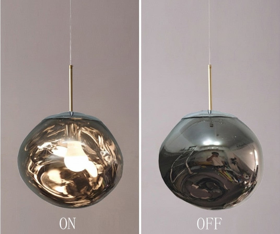 Lustre boule en cristal Lumeoo avec finition miroir, design contemporain suspendu pour salon ou chambre.
