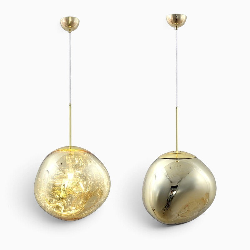 Lustre boule cristal Lumeoo suspendu avec finition dorée réfléchissante et éclairage LED pour salon moderne