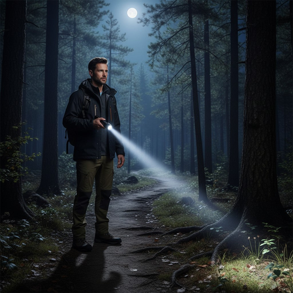 Homme randonneur utilisant la mini lampe de poche LED Lumeoo COMPLIX pour éclairer un sentier forestier nocturne.