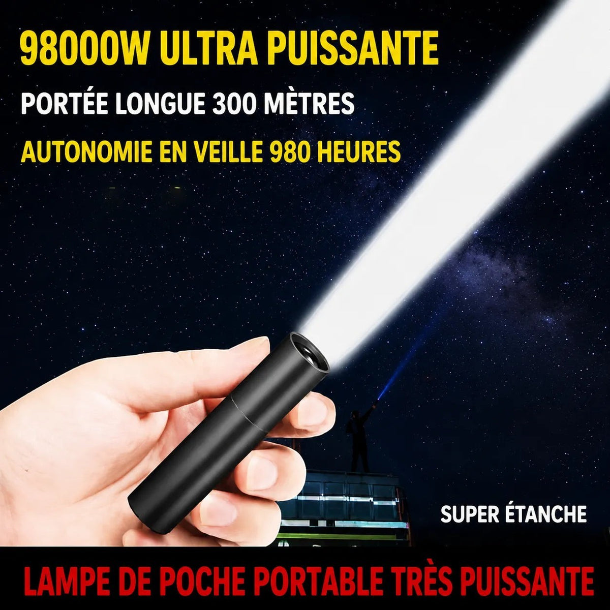 Mini lampe de poche LED Lumeoo noire, puissante et étanche, idéale pour le camping et les urgences nocturnes.