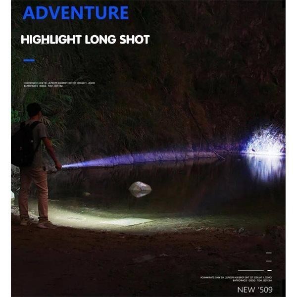 Homme utilisant une mini lampe de poche LED Lumeoo puissante pour éclairer un lac lors d'une randonnée nocturne