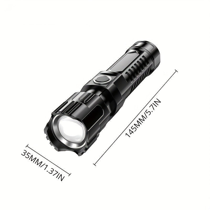 Mini lampe de poche LED Lumeoo noire, rechargeable USB avec fonction zoom, idéale pour le camping et les sorties.
