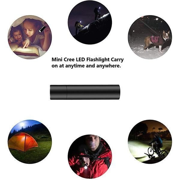 Mini lampe de poche LED Lumeoo noire, compacte et puissante pour le camping, la randonnée et les urgences nocturnes.