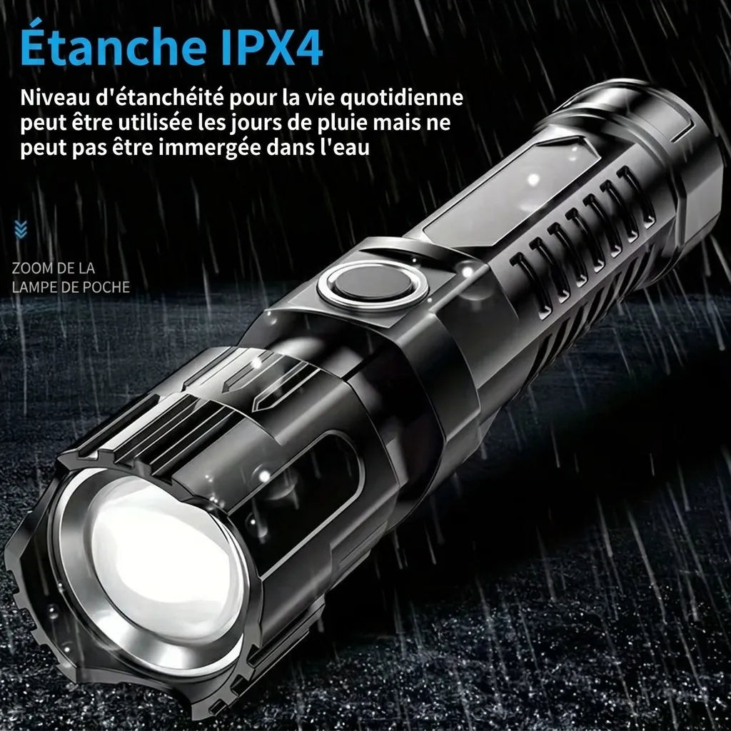 Mini lampe de poche LED Lumeoo noire, rechargeable USB, étanche IPX4 avec fonction zoom pour camping et randonnée.