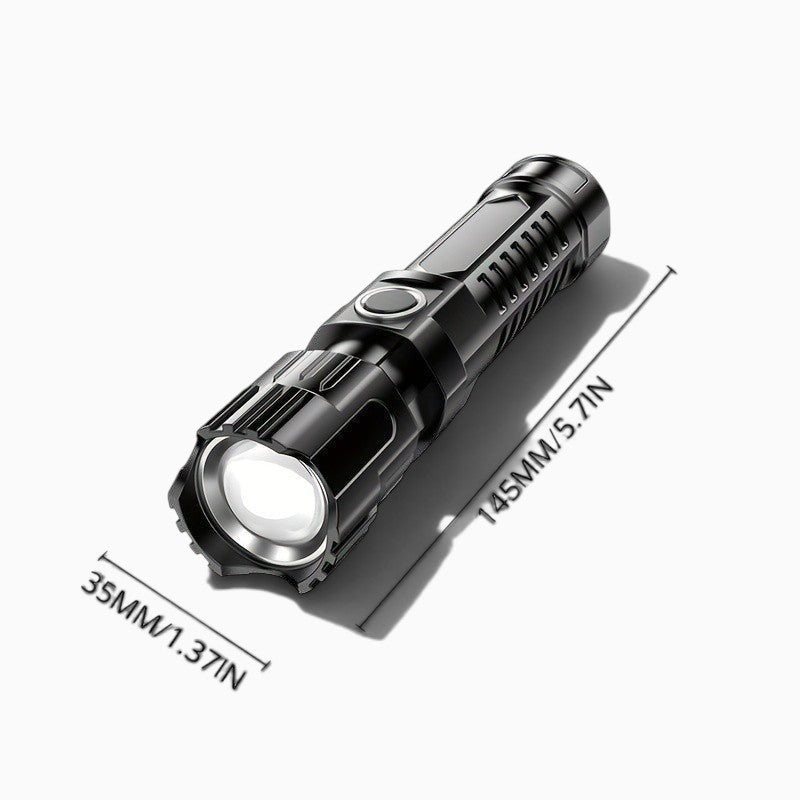 Mini lampe de poche LED rechargeable Lumeoo noire avec fonction zoom, dimensions indiquées pour le camping