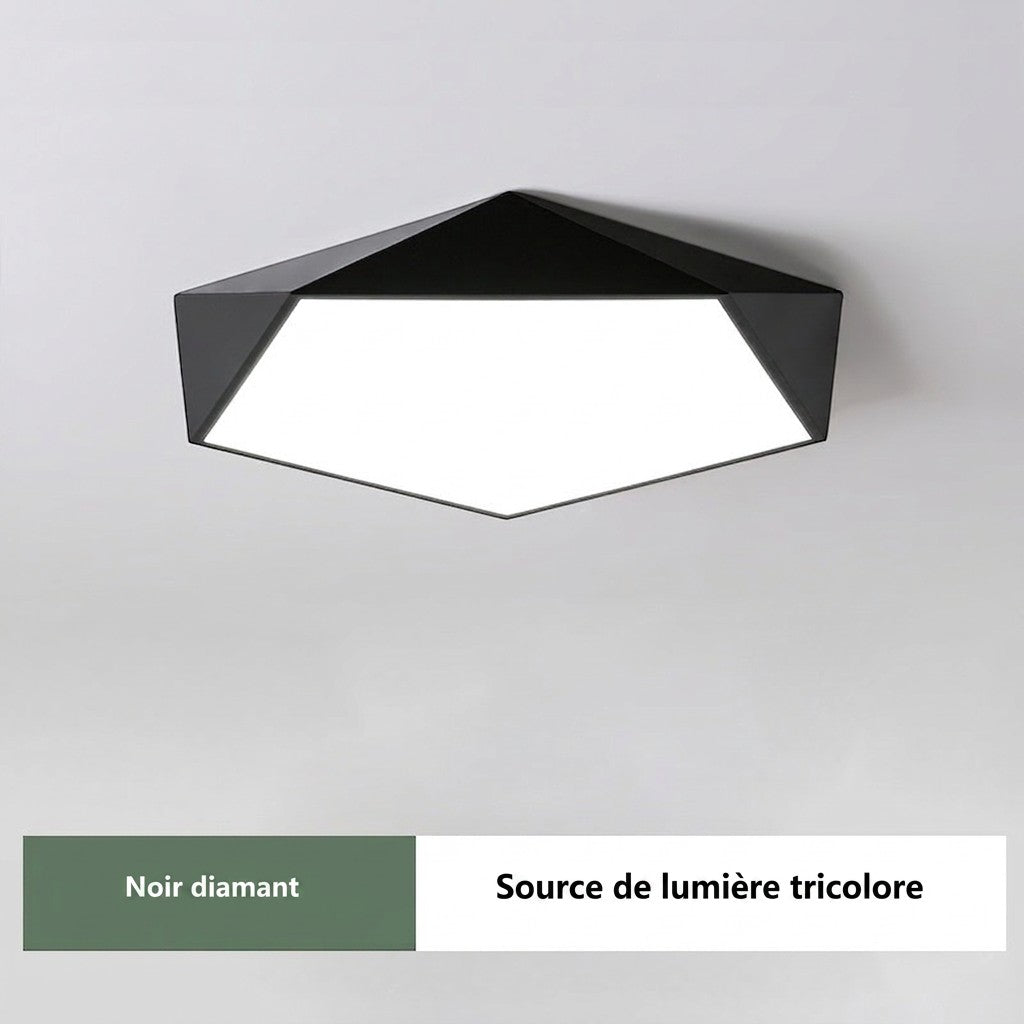 Plafonnier LED géométrique noir Lumeoo au design diamant moderne avec éclairage tricolore pour salon