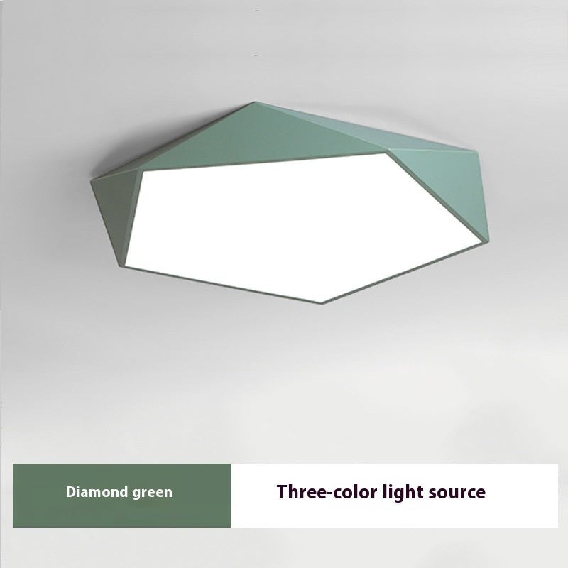 Plafonnier LED géométrique Lumeoo vert diamant avec diffuseur blanc pour un éclairage moderne et chaleureux au salon
