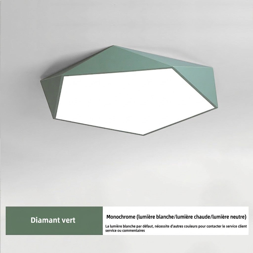 Plafonnier LED géométrique Lumeoo de couleur vert pastel au design moderne et minimaliste pour salon