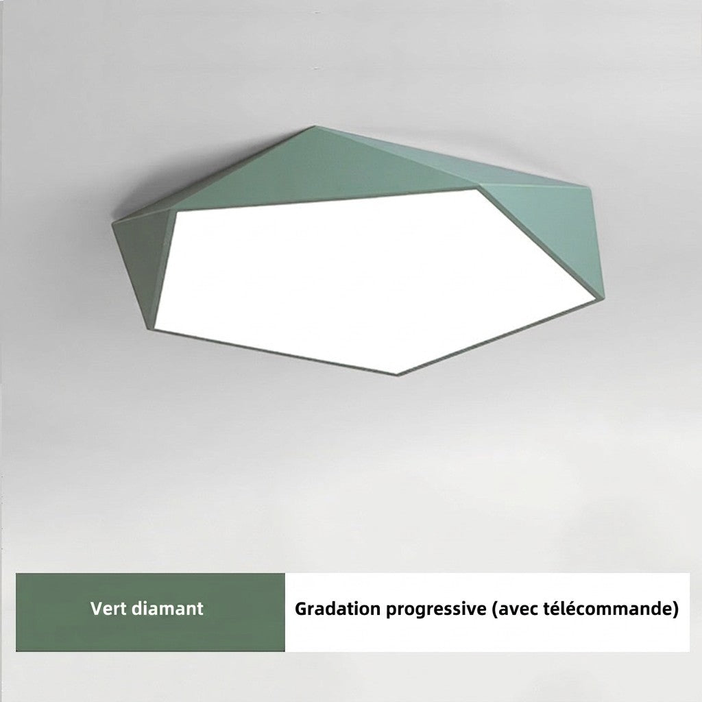 Plafonnier LED géométrique Lumeoo vert diamant au design moderne pour un éclairage chaleureux dans le salon