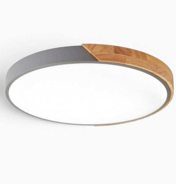 Plafonnier LED rond Lumeoo style nordique avec finition grise et bois naturel pour un éclairage doux et moderne