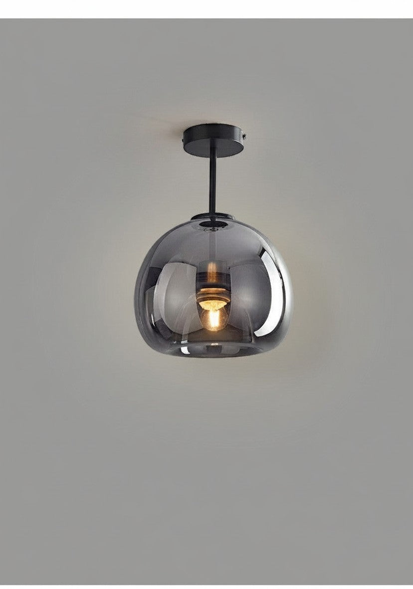 Plafonnier LED Lumeoo en verre fumé gris avec support noir, design moderne et élégant pour salon ou chambre