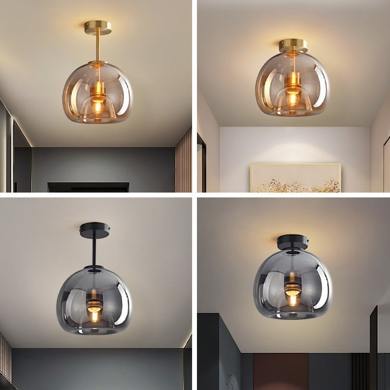 Plafonnier LED Lumeoo en verre fumé avec support doré ou noir, design moderne et élégant pour salon ou chambre.