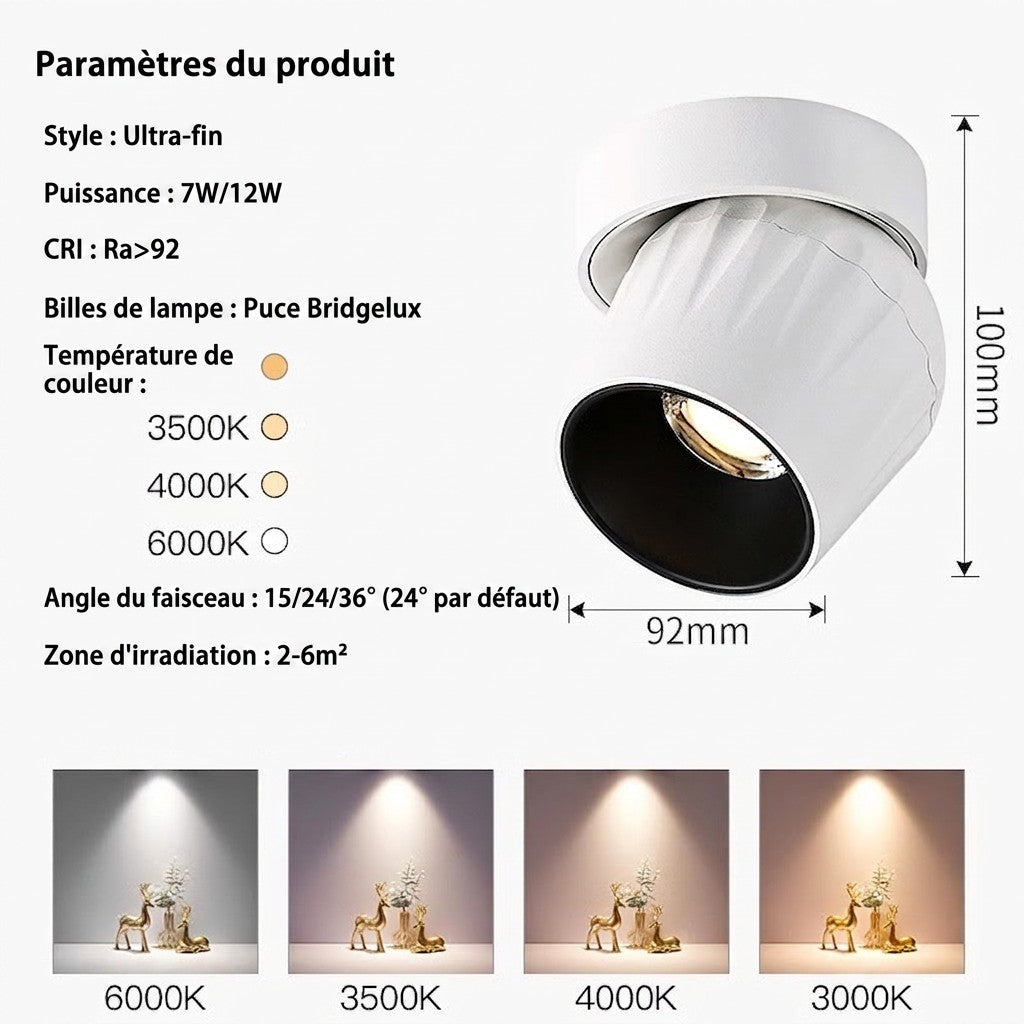 Plafonnier spot LED orientable blanc Lumeoo avec réglages de température de couleur et dimensions techniques