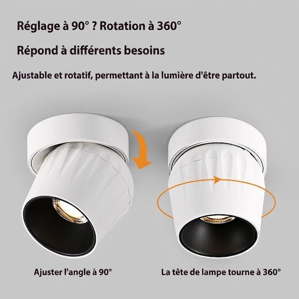 Plafonnier spot LED orientable blanc Lumeoo avec rotation 360 degrés et inclinaison 90 degrés pour éclairage précis