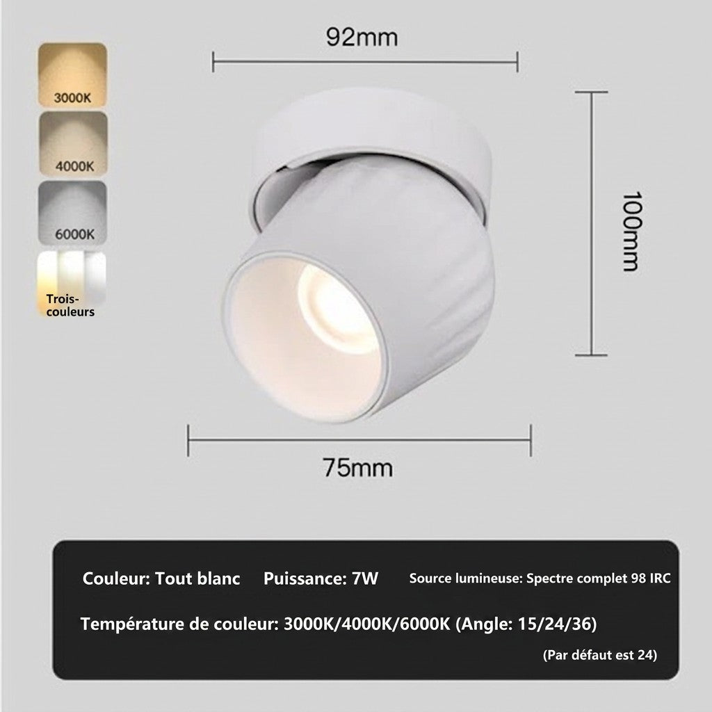 Plafonnier spot LED orientable blanc Lumeoo avec dimensions techniques et options de température de couleur