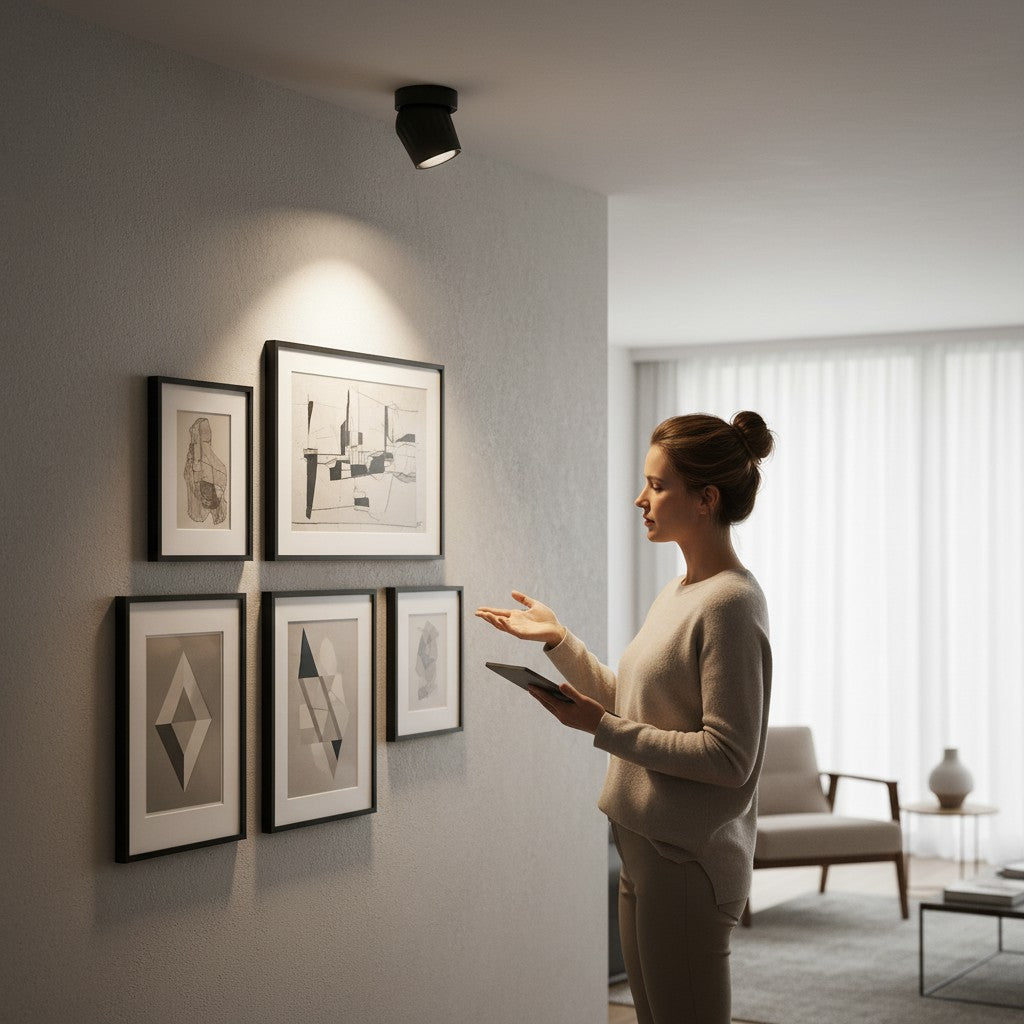 Femme admirant des cadres muraux éclairés par un plafonnier spot LED orientable Lumeoo dans un salon moderne Image