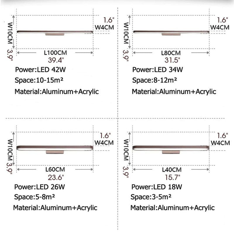 Schéma technique des dimensions de la réglette LED Lumeoo MIROVA en aluminium et acrylique pour salle de bain.