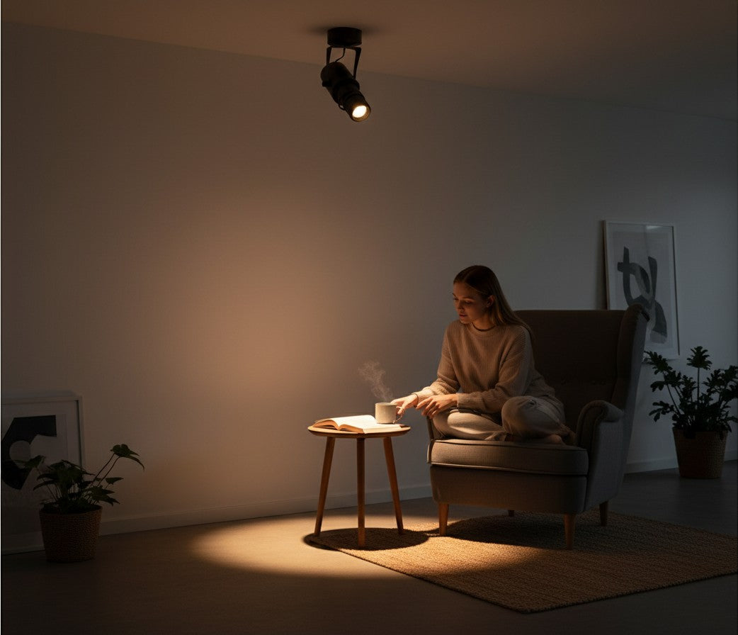 Spot LED Bar Lumeoo noir orientable éclairant une femme lisant dans un fauteuil pour une ambiance chaleureuse