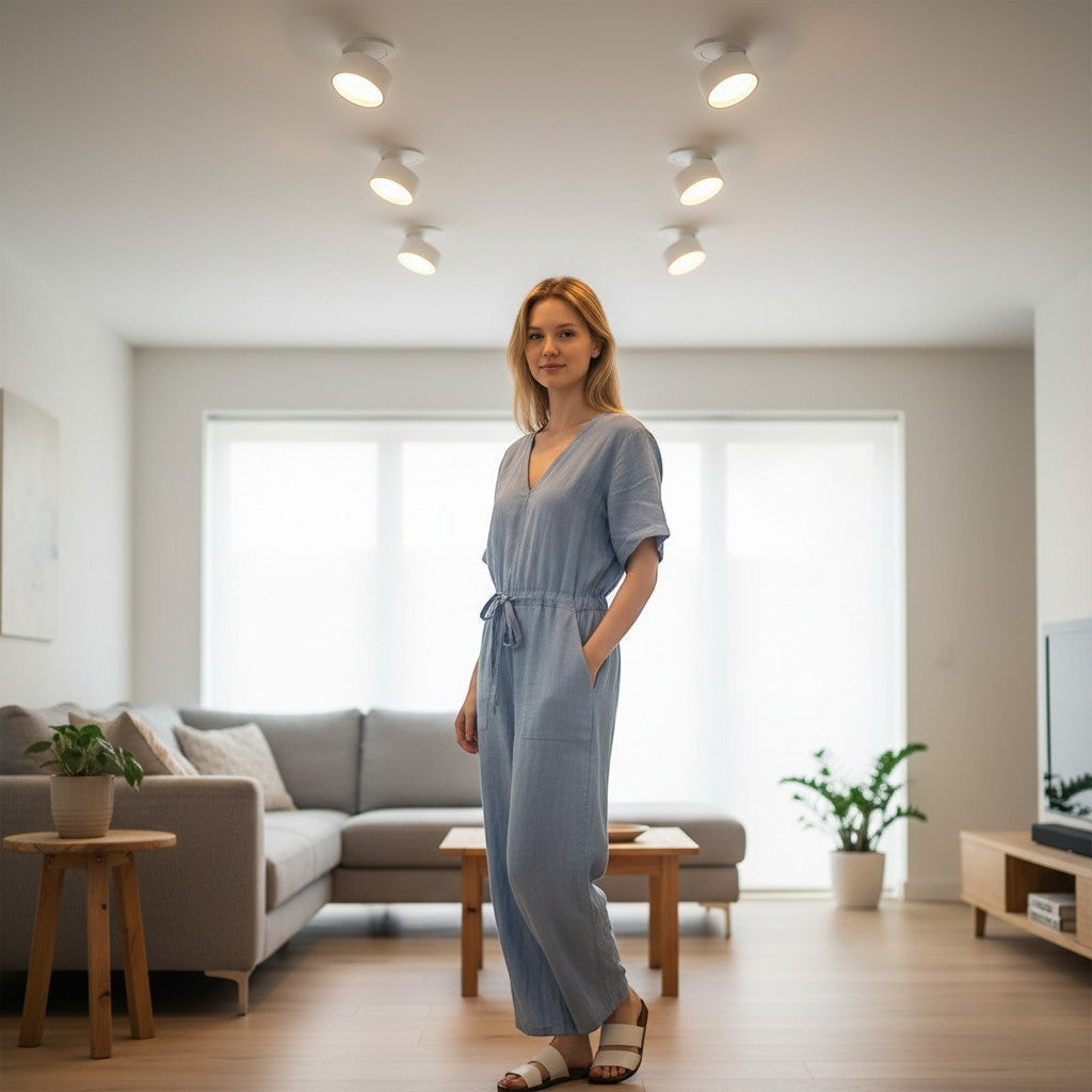 Femme souriante dans un salon moderne éclairé par des spots LED encastrables orientables Lumeoo au plafond