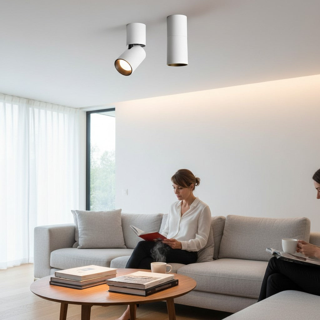 Spot LED COB orientable blanc Lumeoo installé au plafond d'un salon moderne pour éclairer une femme lisant sur un canapé