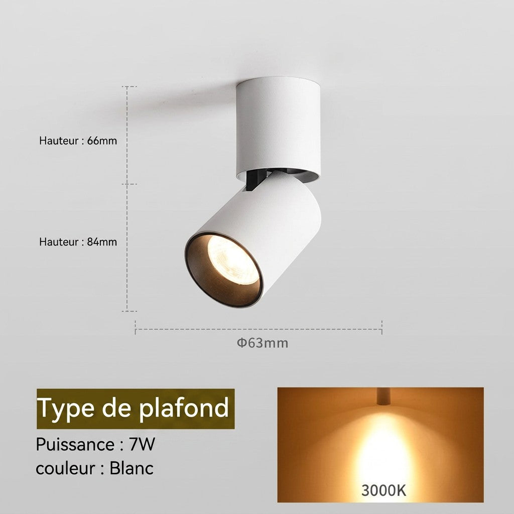 Spot LED Lumeoo blanc orientable et pivotant, 7W, 3000K, installation sans perçage pour plafond