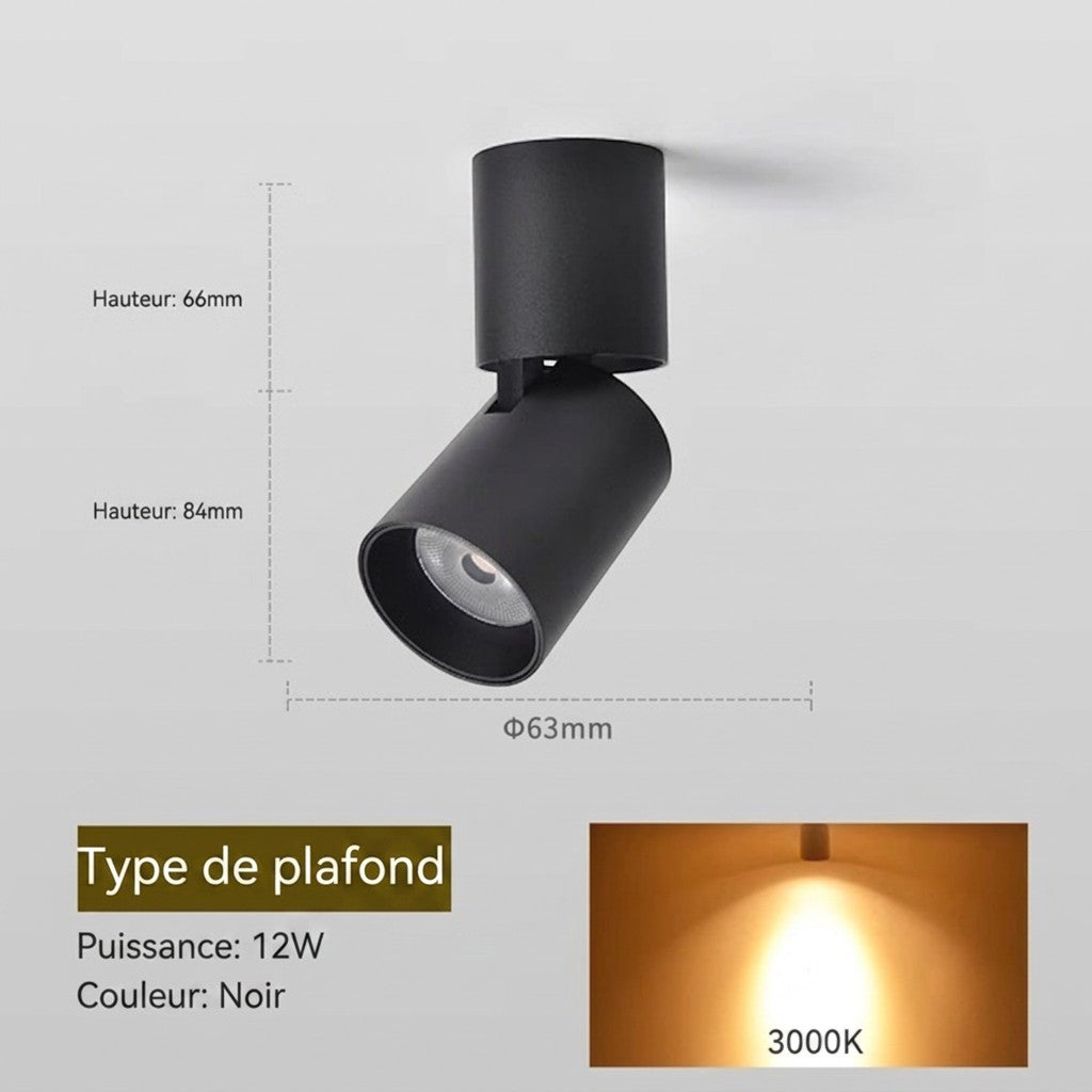 Spot LED COB orientable noir Lumeoo avec dimensions techniques et exemple de lumière chaude 3000K